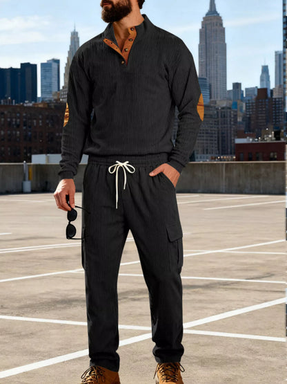 Plus size men's casual black button detail top and pants set by Trendsi, featuring a relaxed fit and stylish design.