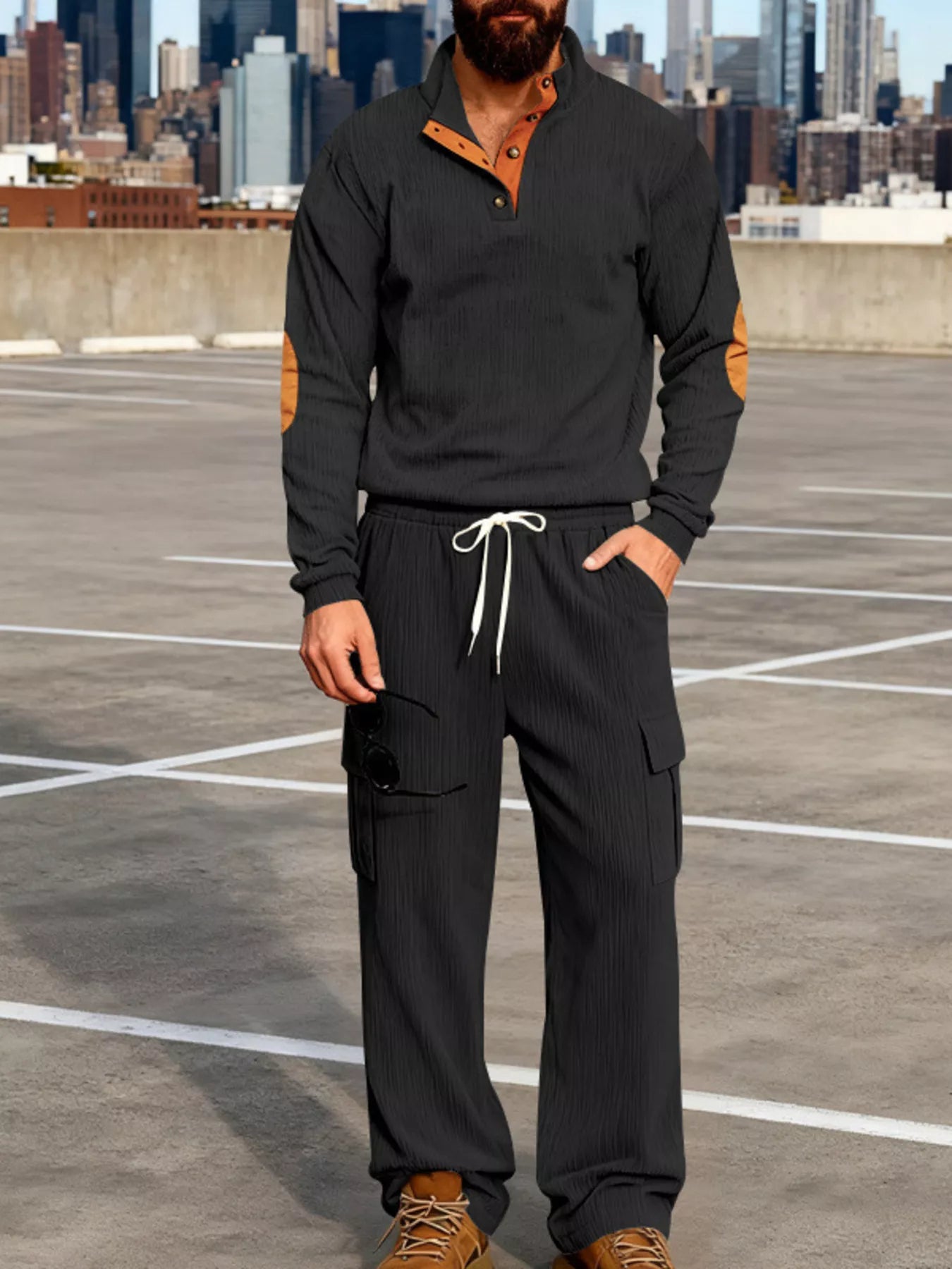 Men's plus size casual button detail top and pants set by Trendsi, black, full size, comfortable and stylish lounge wear.
