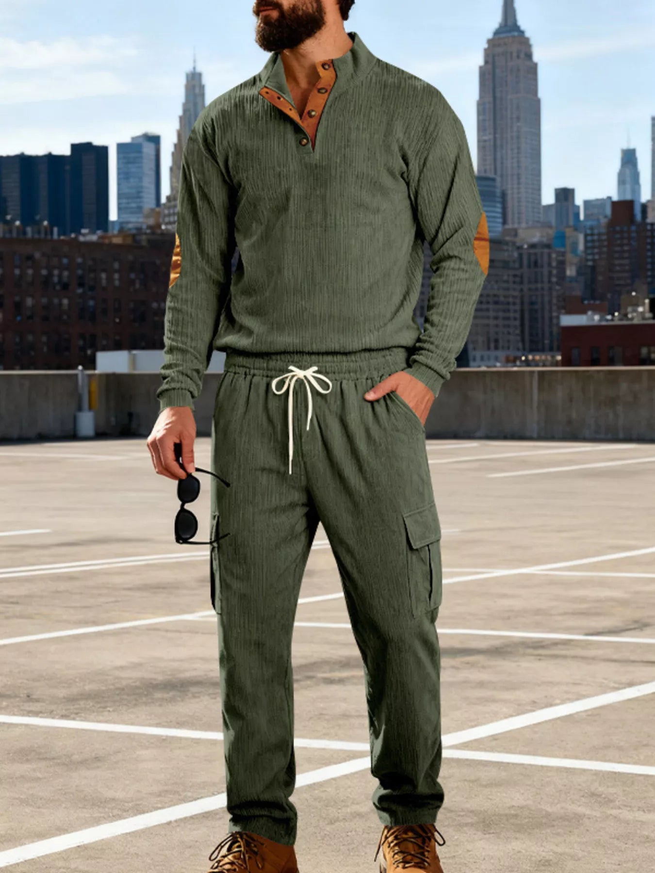 Men's black plus size casual button detail top and pants set, Trendsi, featuring a relaxed fit and comfortable fabric.