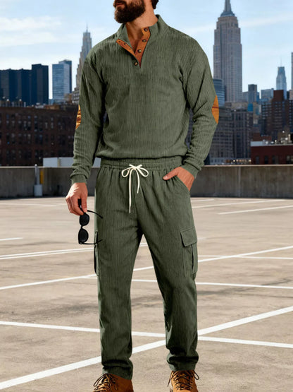Men's black plus size casual button detail top and pants set, Trendsi, featuring a relaxed fit and comfortable fabric.