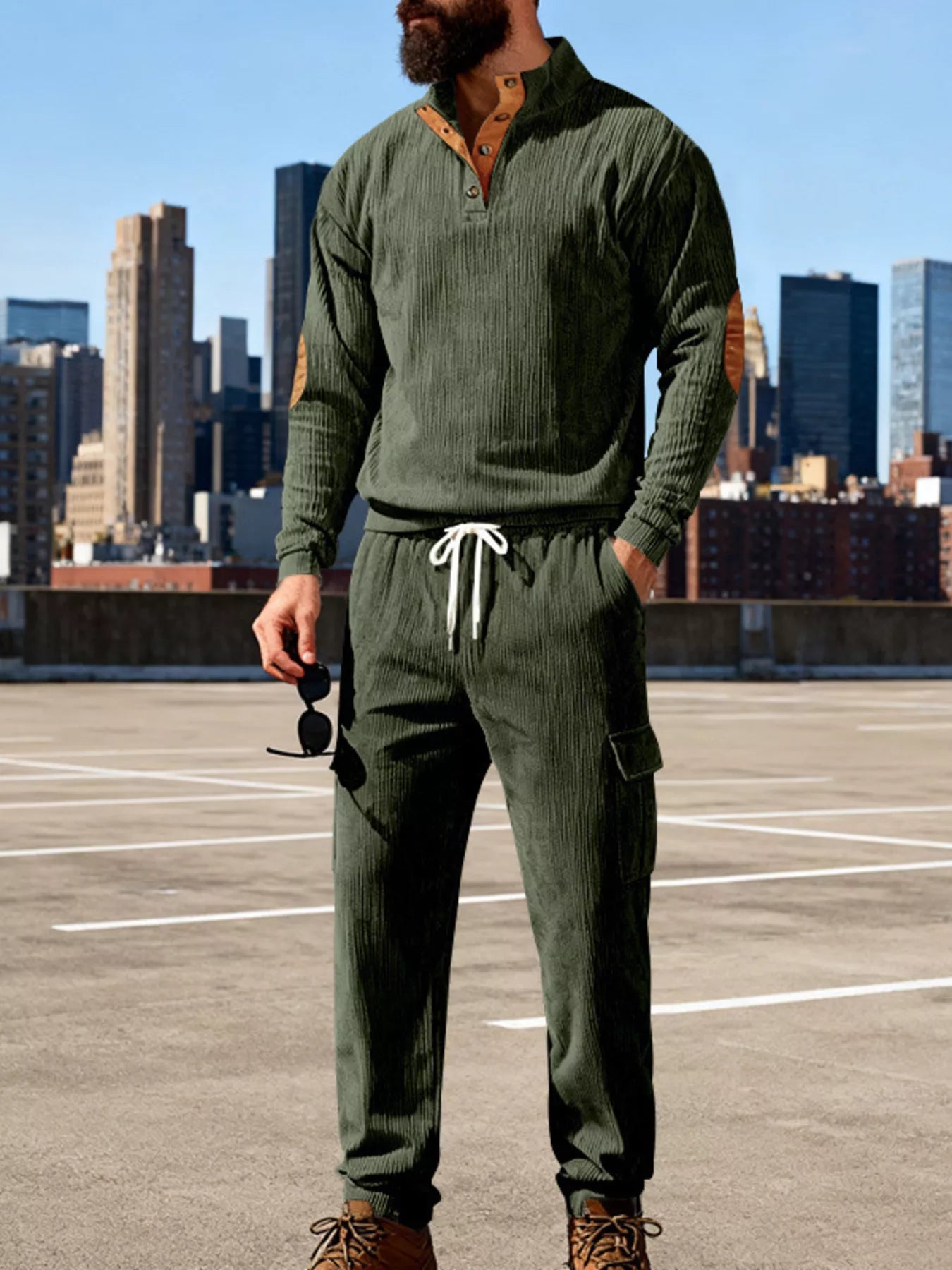 Plus size men's casual button detail top and pants set by Trendsi, featuring a relaxed fit and stylish design.
