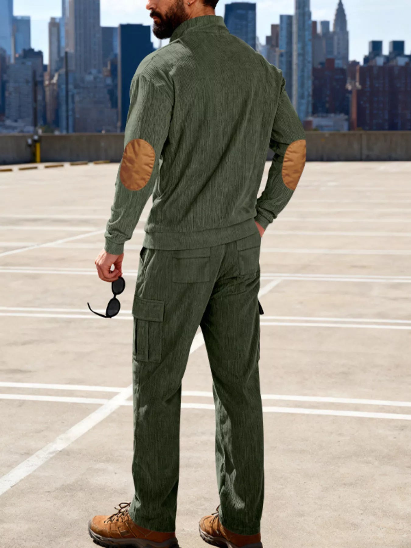 Men's plus size casual button detail top and pants set by Trendsi in black, featuring a relaxed fit and stylish design.