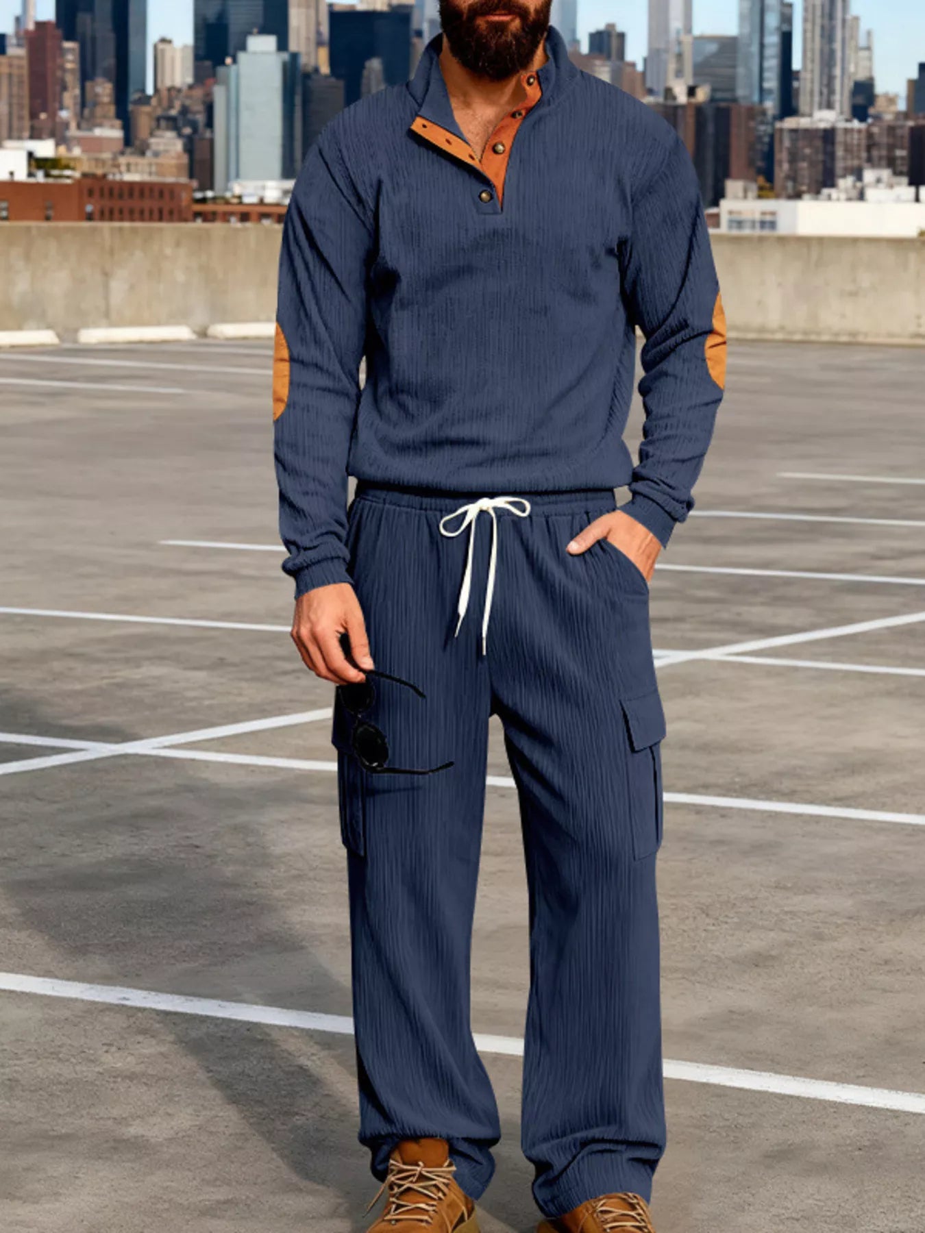 Plus size men's casual button-detailed top and pants set by Trendsi, black, comfortable fit, stylish everyday outfit.