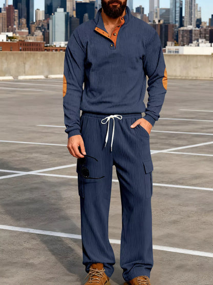 Plus size men's casual button-detailed top and pants set by Trendsi, black, comfortable fit, stylish everyday outfit.