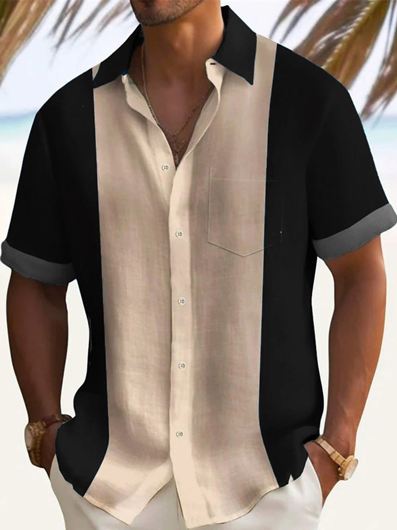 Men's plus size color block short sleeve shirt by Trendsi, featuring bold black and contrasting color blocks.
