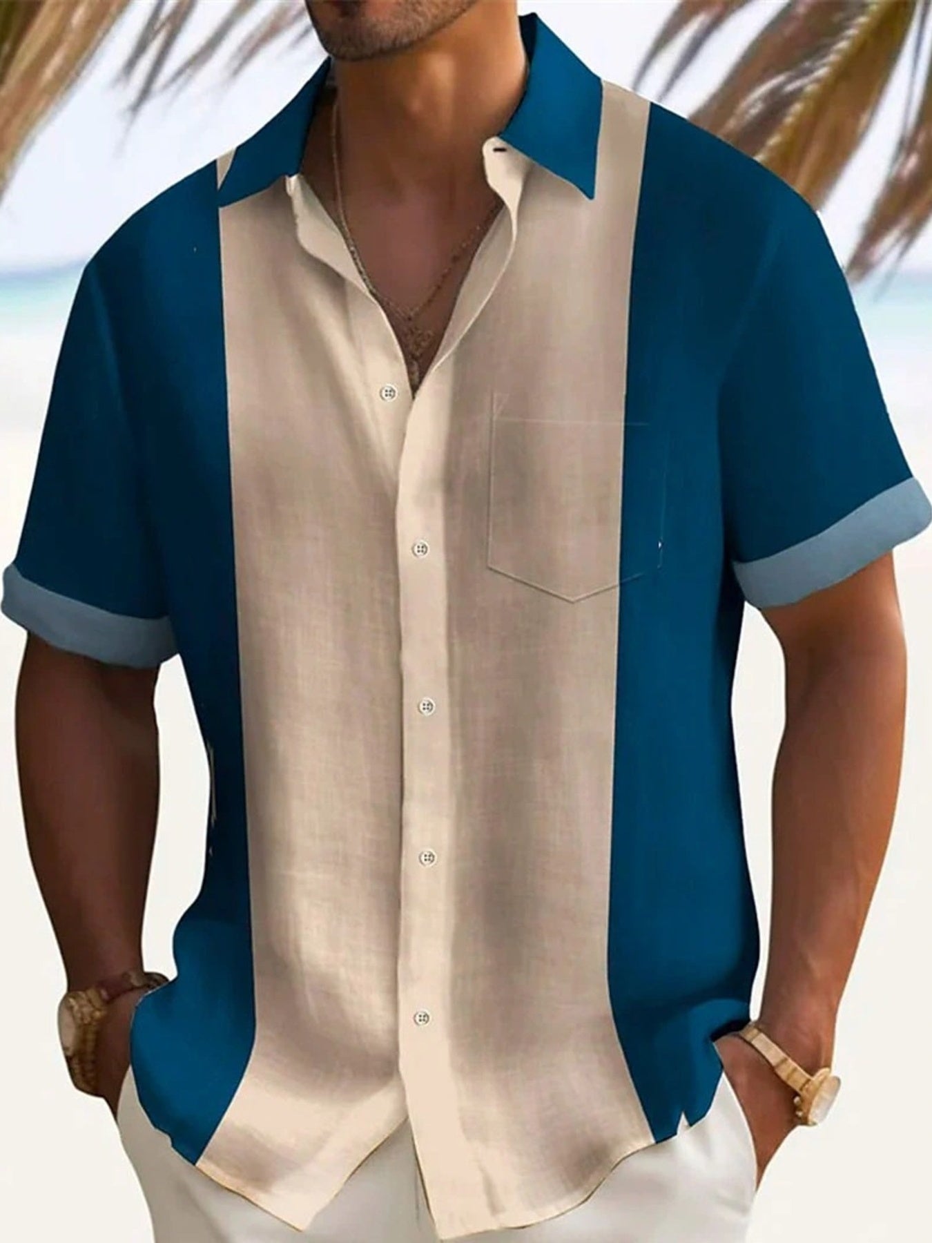Men's plus size color block short sleeve shirt by Trendsi, black with bold color blocks, casual fit, front view.