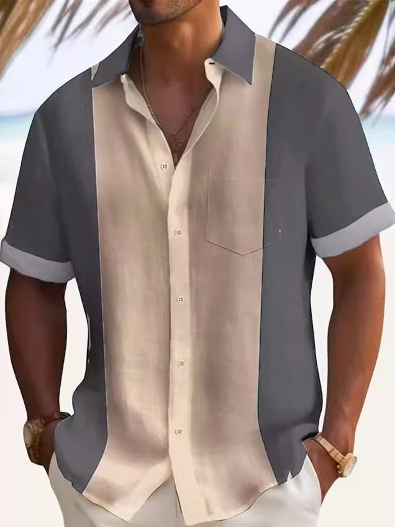 Men's plus size color block short sleeve shirt by Trendsi in black, featuring bold color blocking and a comfortable fit.