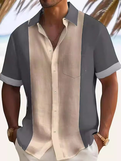 Men's plus size color block short sleeve shirt by Trendsi in black, featuring bold color blocking and a comfortable fit.