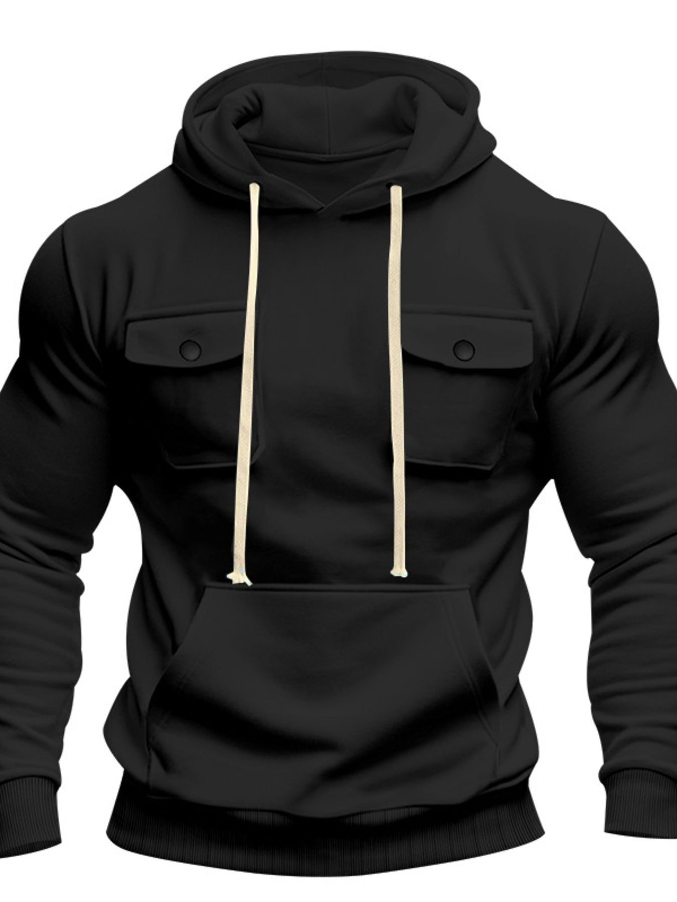 Men's full-size black fleece hoodie by Trendsi with dual chest pockets, cozy and warm, plus size casual men's outerwear.