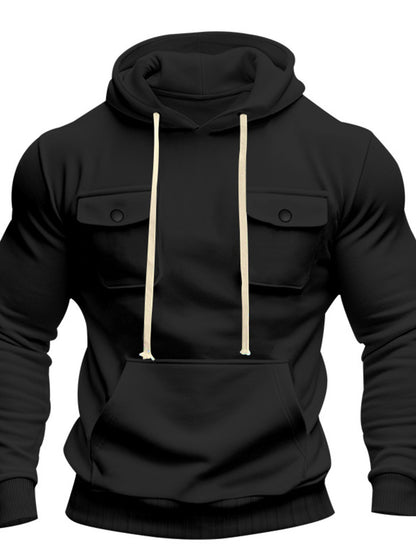 Men's full-size black fleece hoodie by Trendsi with dual chest pockets, cozy and warm, plus size casual men's outerwear.