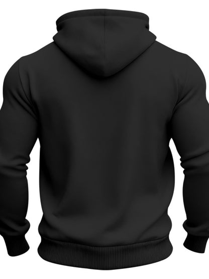 Men's full-size black fleece hoodie with dual chest pockets, plus size, from Trendsi, showing front view with pockets and hood.