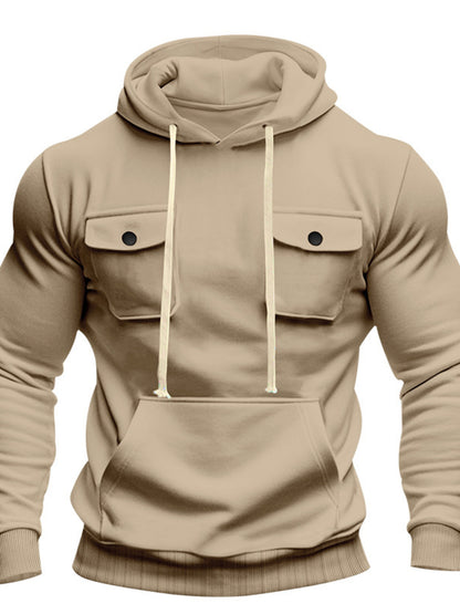 Men's black full-size fleece hoodie with dual chest pockets, featuring a comfortable fit and casual style by Trendsi.