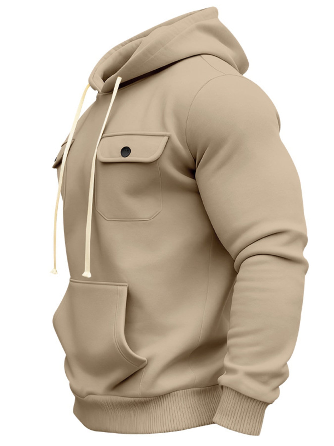 Plus size men's black fleece hoodie with dual chest pockets, full size, from Trendsi, featuring a cozy, casual fit.