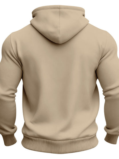 Men's black full-size fleece hoodie with dual chest pockets, plus size, by Trendsi, shown on a model.