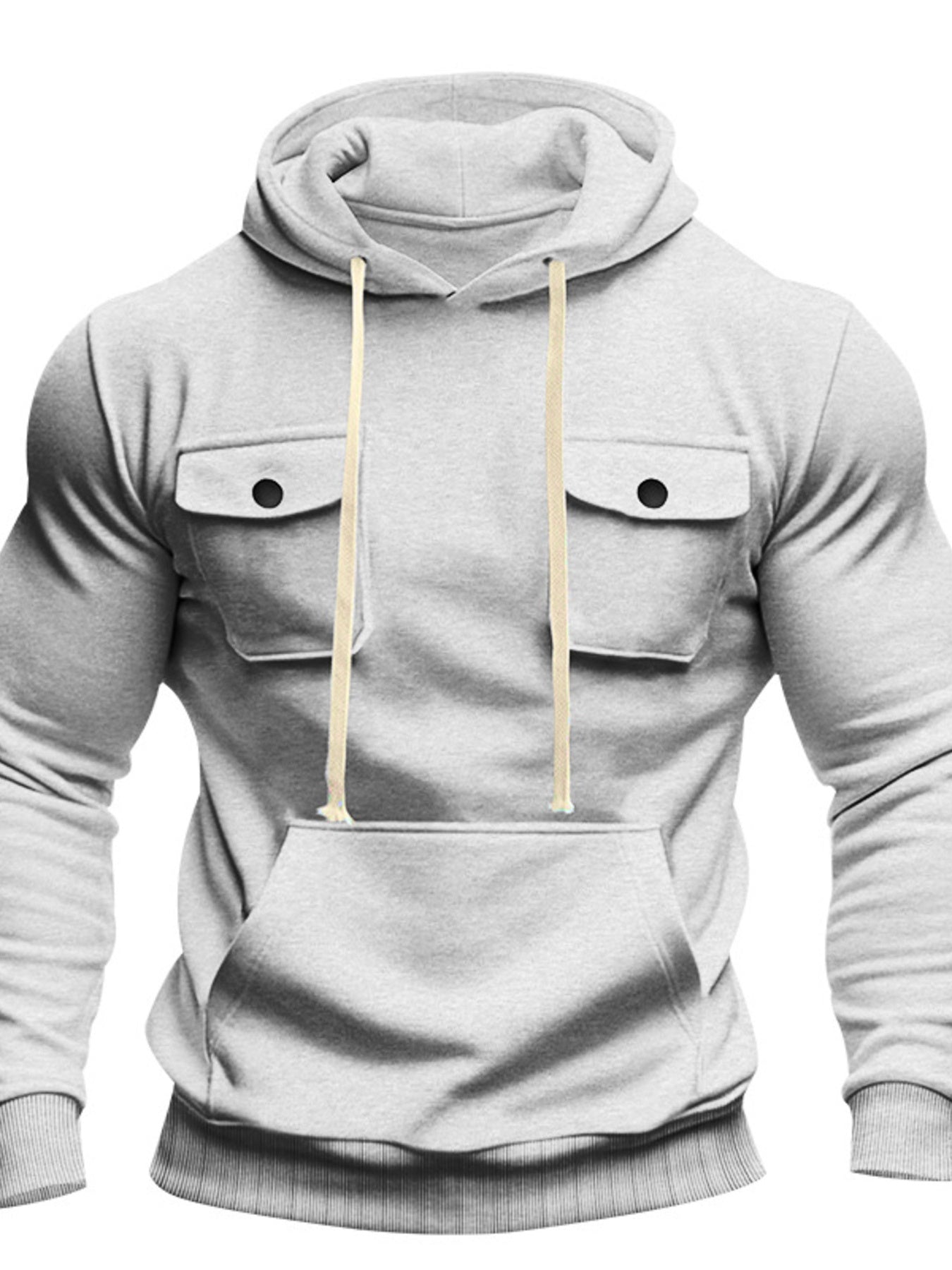 Men's black full-size fleece hoodie with dual chest pockets, plus size, from Trendsi, featuring a cozy, relaxed fit and front pocket design.