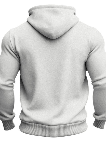 Men's black full-size fleece hoodie with dual chest pockets, plus size, from Trendsi, featuring a cozy, relaxed fit and front pocket design.