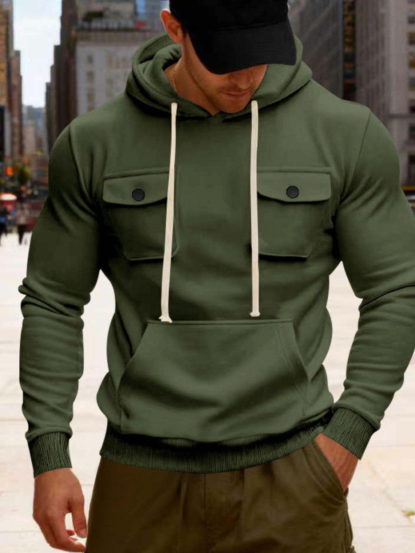 Men's black full-size fleece hoodie with dual chest pockets, plus size, casual warmth and comfort by Trendsi.