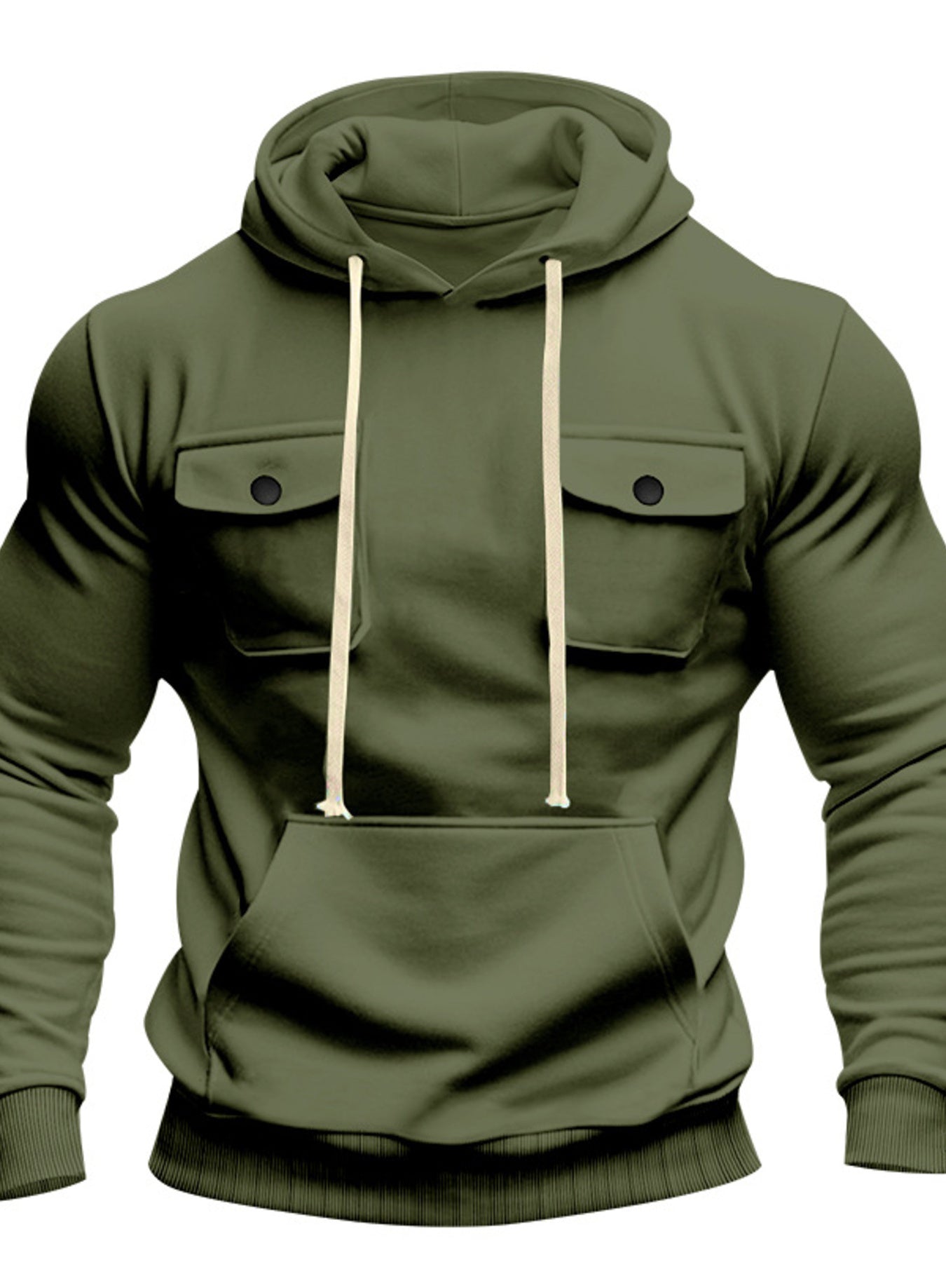 Men's plus size fleece hoodie by Trendsi in black, featuring a full size fit and dual chest pockets for a casual look.