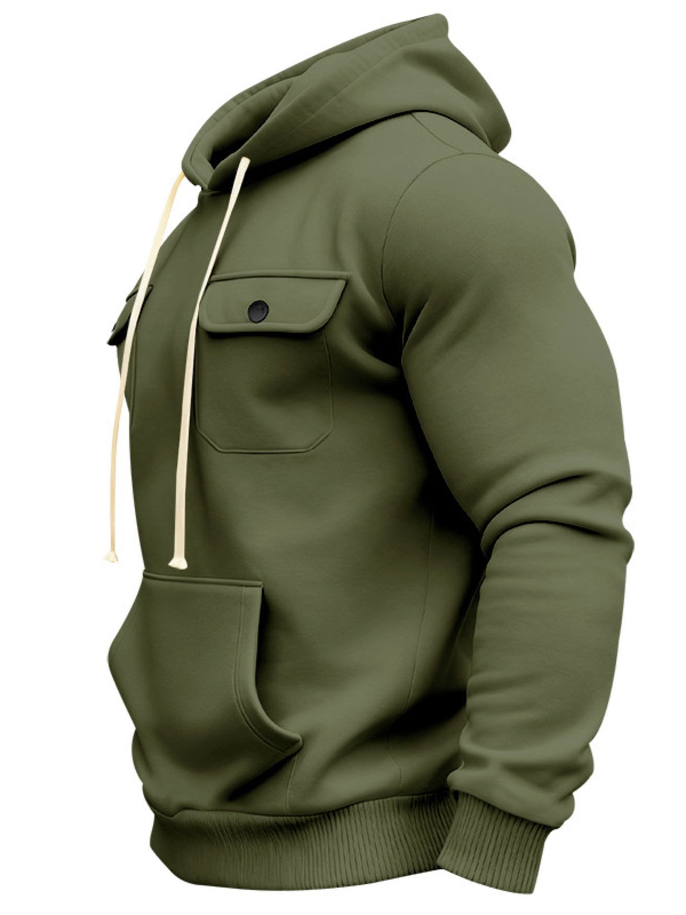 Men's black full-size fleece hoodie with dual chest pockets, plus size, by Trendsi, shown with front view and cozy fleece fabric.