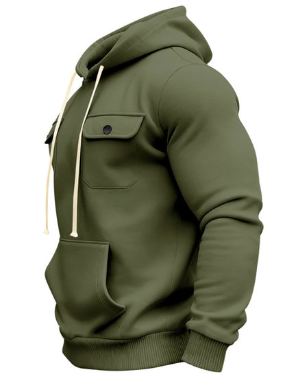 Men's black full-size fleece hoodie with dual chest pockets, plus size, by Trendsi, shown with front view and cozy fleece fabric.