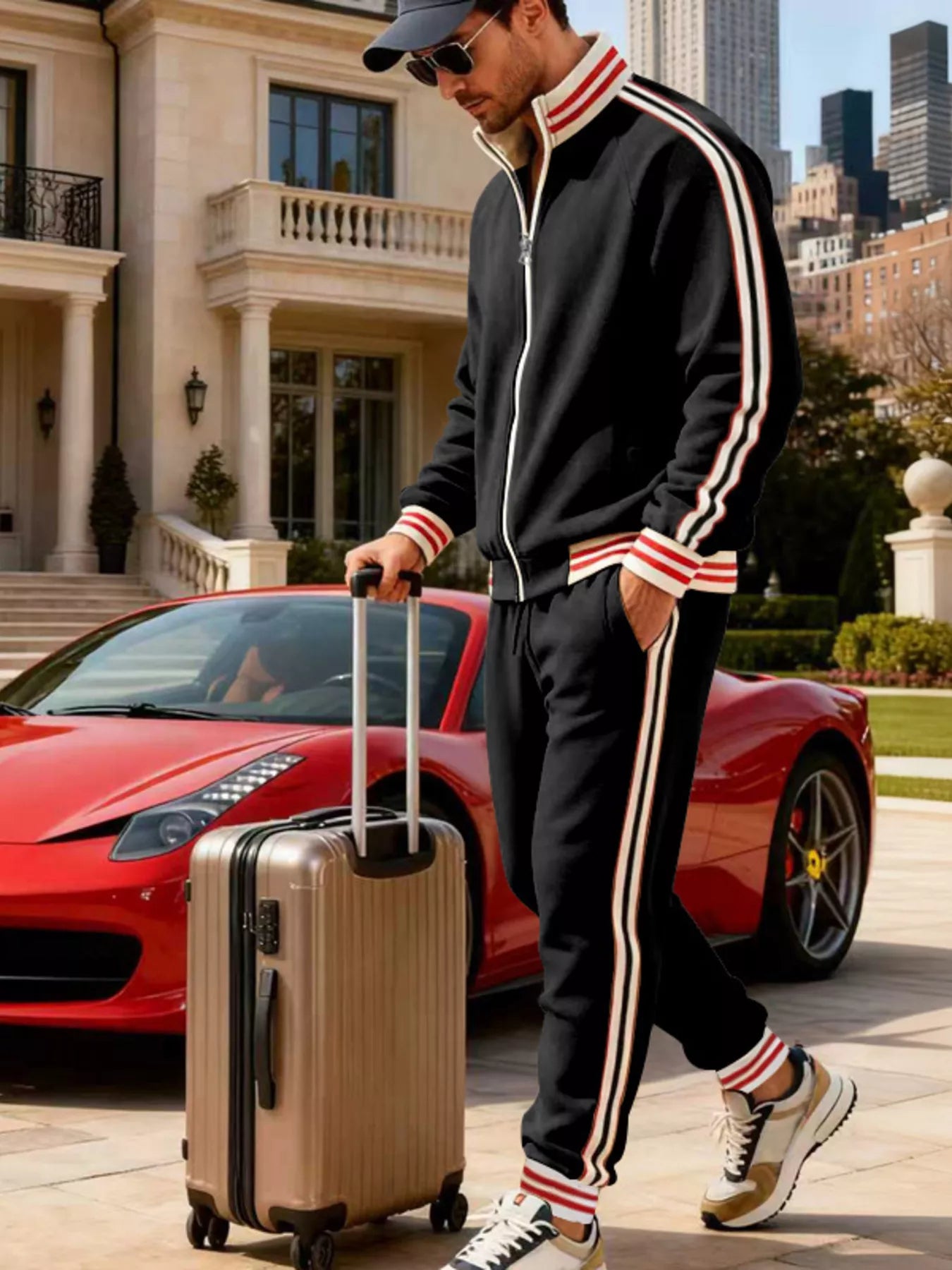 Men's plus size striped zip-up outerwear and pants set by Trendsi, black with bold horizontal stripes, casual and comfortable style