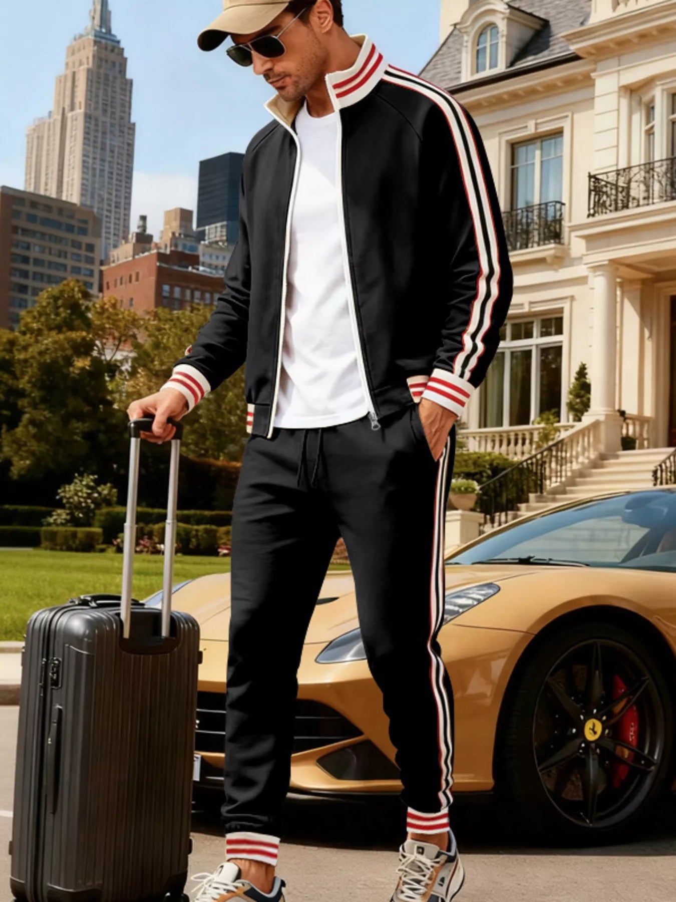Plus size men's black striped zip-up outerwear and matching pants from Trendsi, full-size men's casual clothing set.