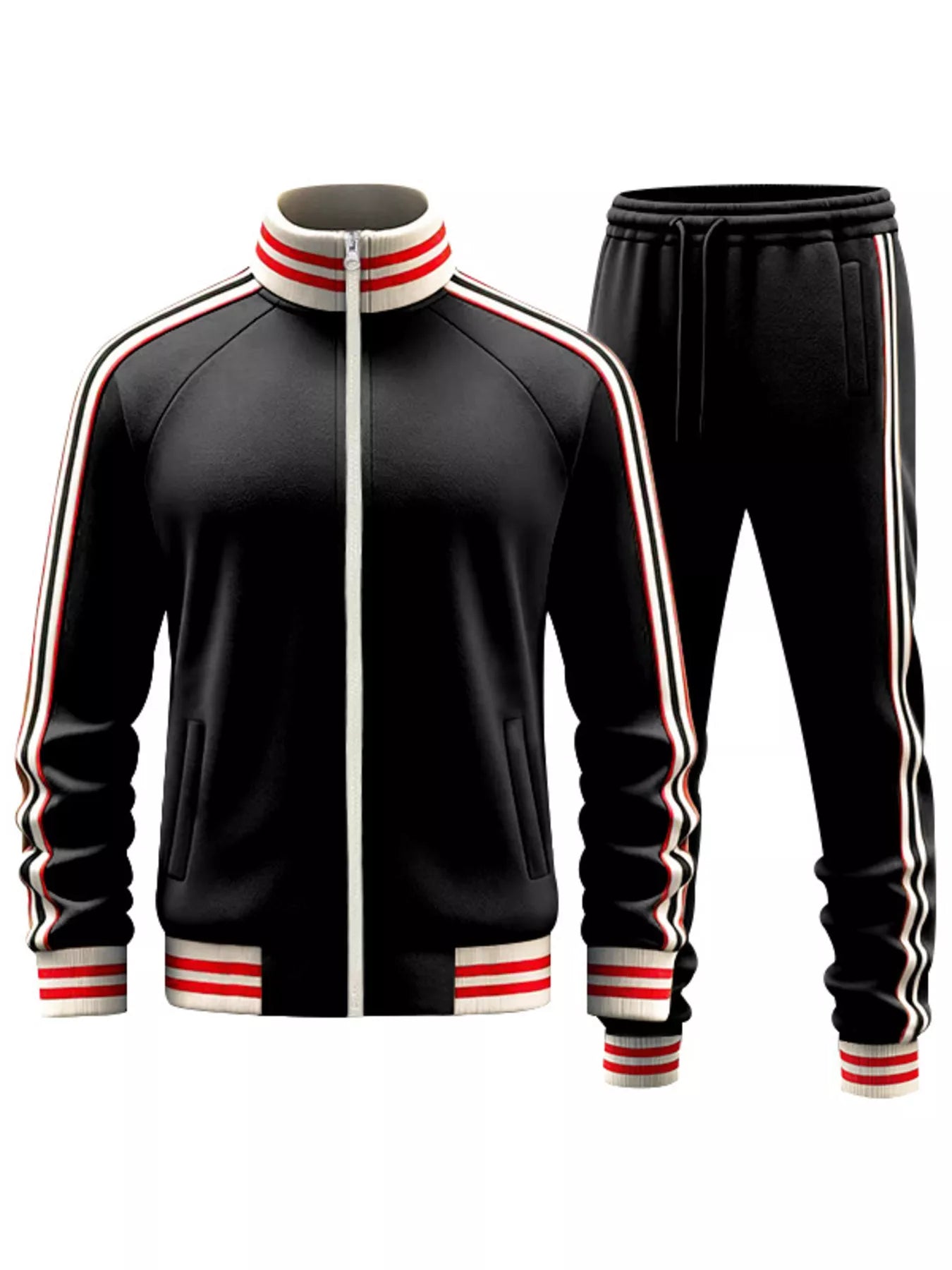 Men's plus size striped zip-up outerwear and pants by Trendsi, black full-size men's casual clothing set.