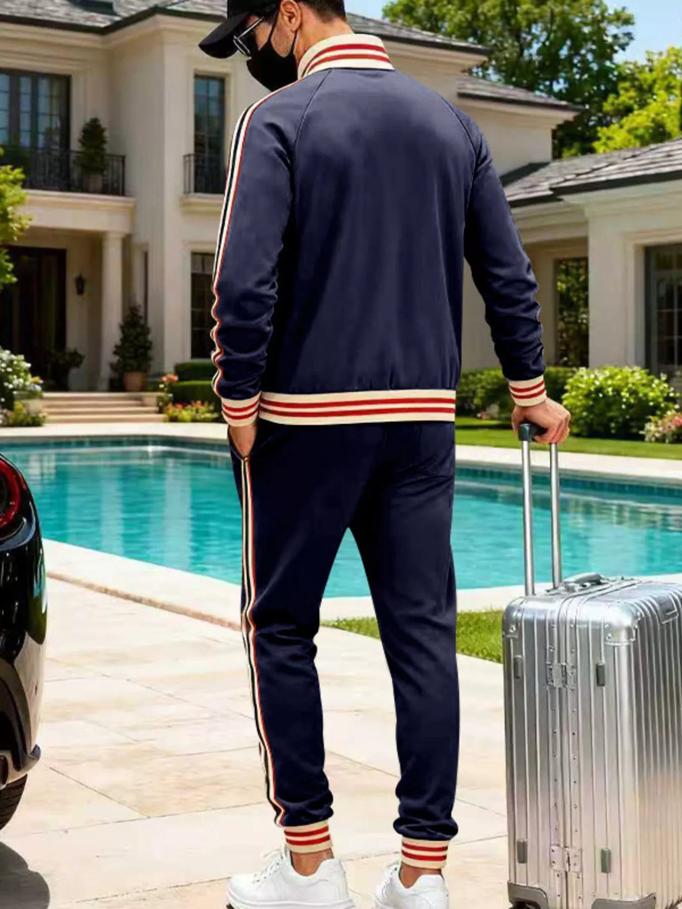 Men's plus size striped zip-up outerwear and matching pants by Trendsi, black full-size men's casual clothing set.