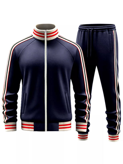 Plus size men's black striped zip-up outerwear and matching pants by Trendsi, featuring full-size, comfortable fit.