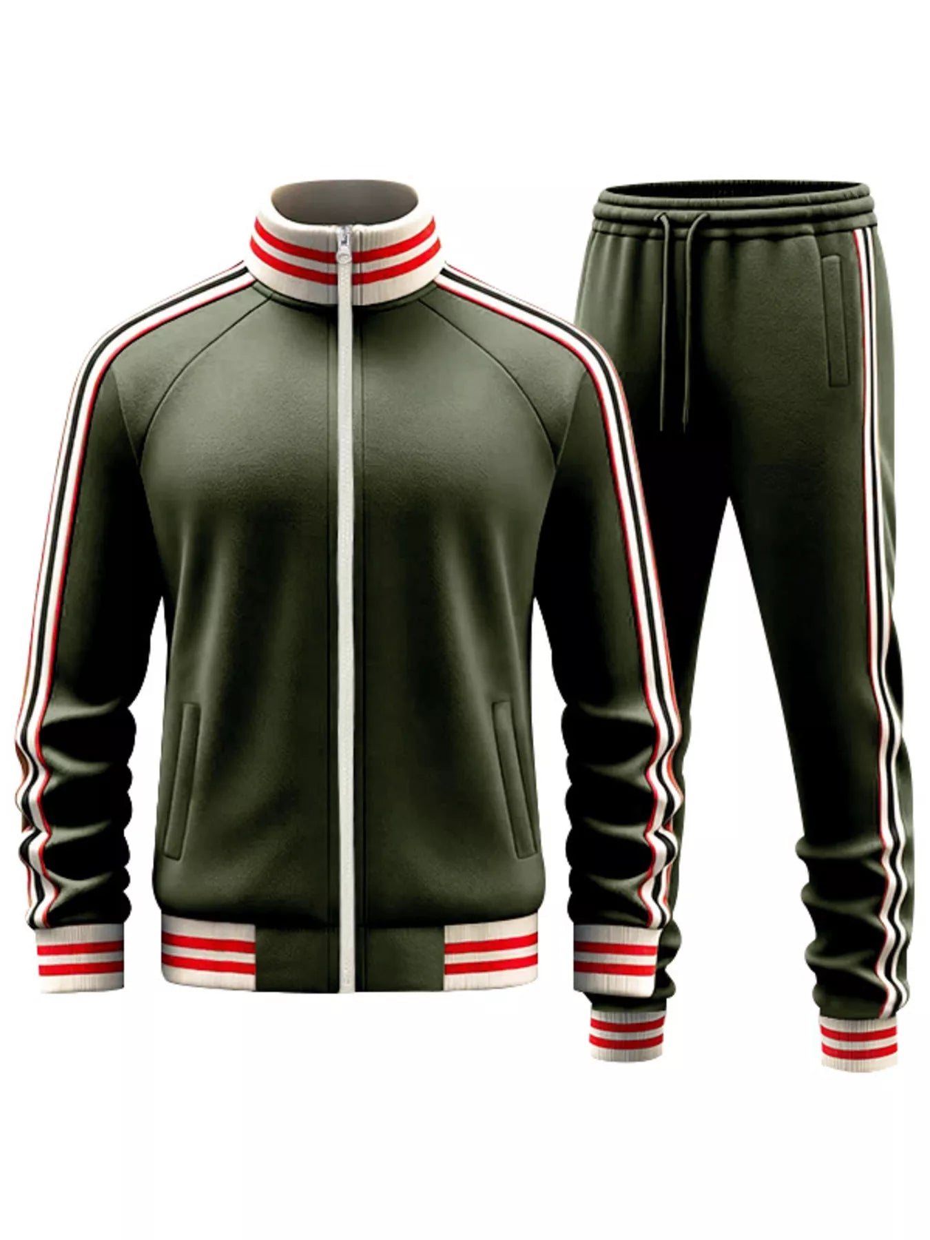 Plus size men's black striped zip-up outerwear and pants by Trendsi, full set, casual style, suitable for cold weather.