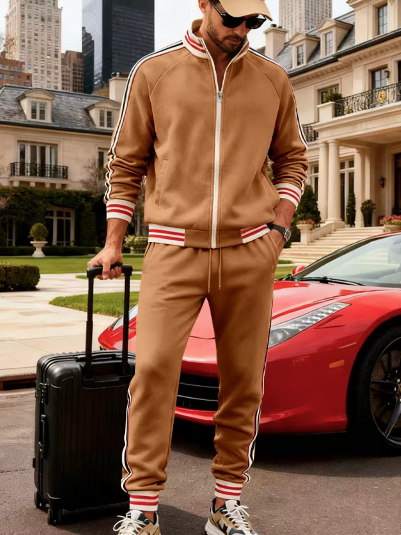 Plus size men's striped zip-up outerwear and pants from Trendsi, black full size set with bold stripe pattern.