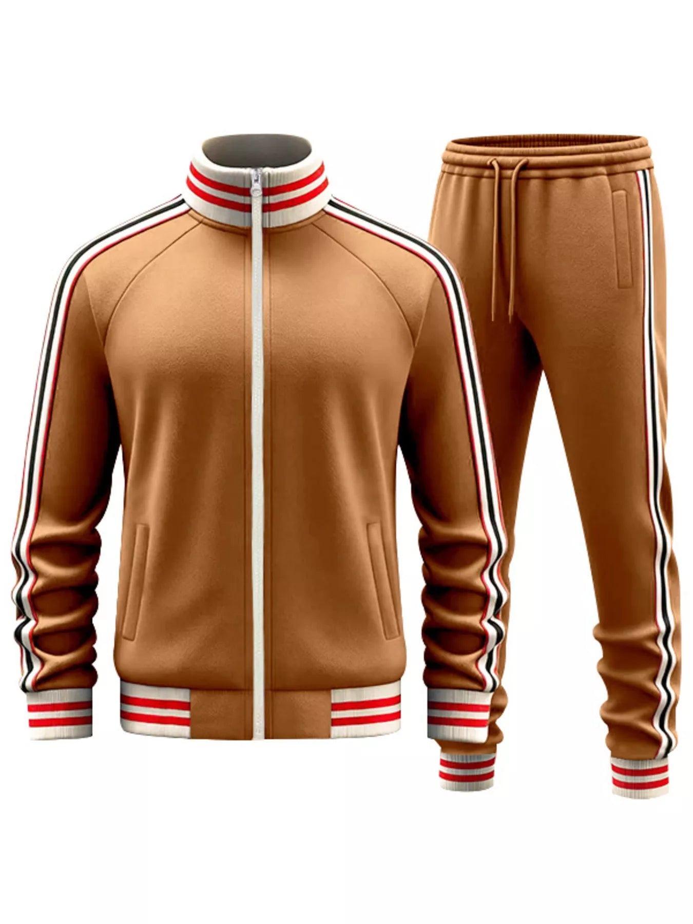 Plus size men's black striped zip-up outerwear and pants from Trendsi, casual full-size men's outerwear set.