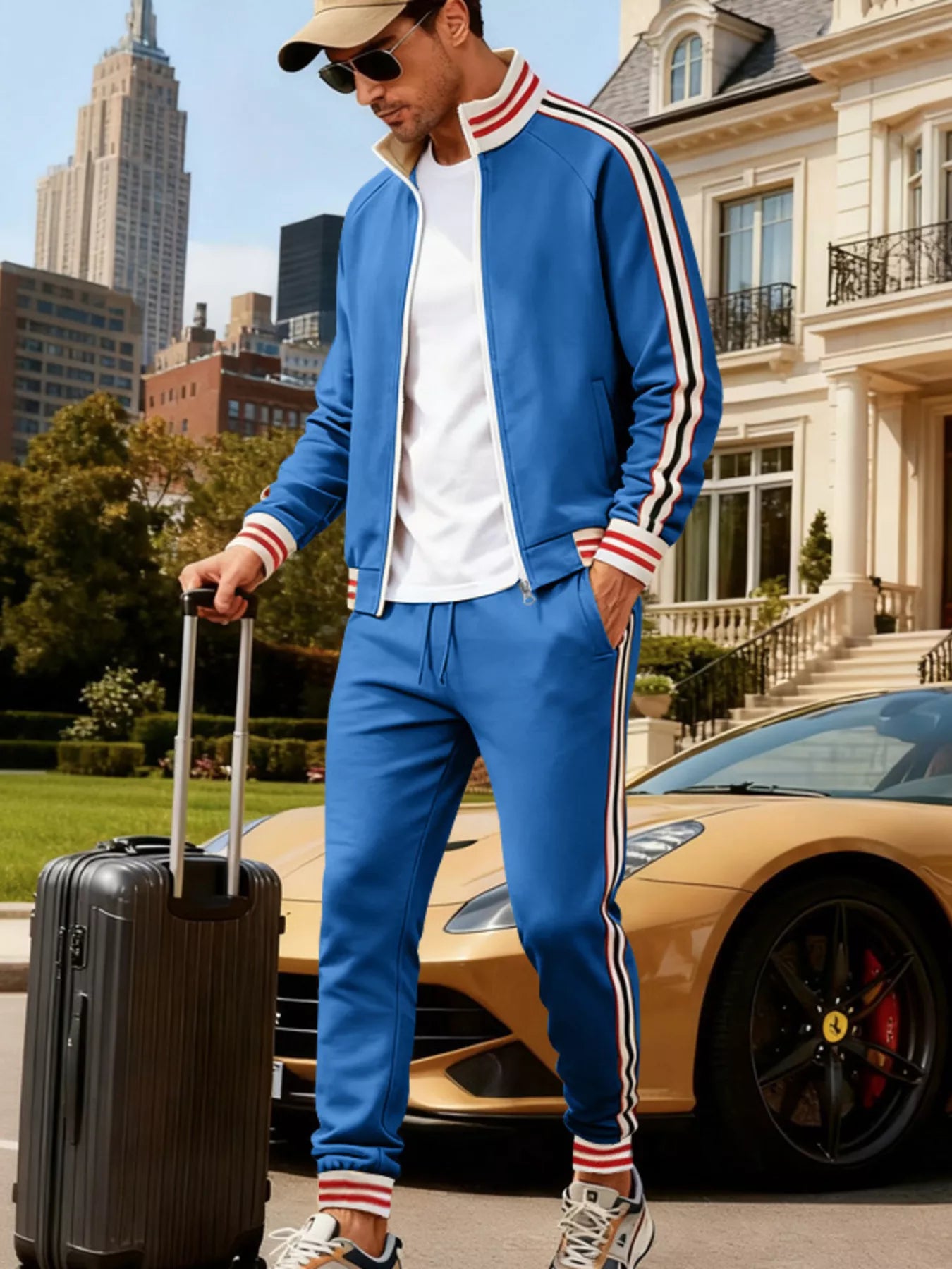 Men's plus size black striped zip-up outerwear and matching pants from Trendsi, casual full-zip jacket with striped pattern.