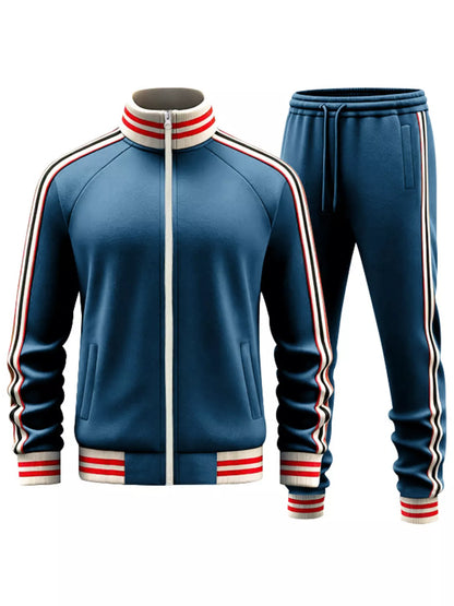 Plus size men's striped zip-up outerwear and matching pants by Trendsi, black full-size men's clothing set.