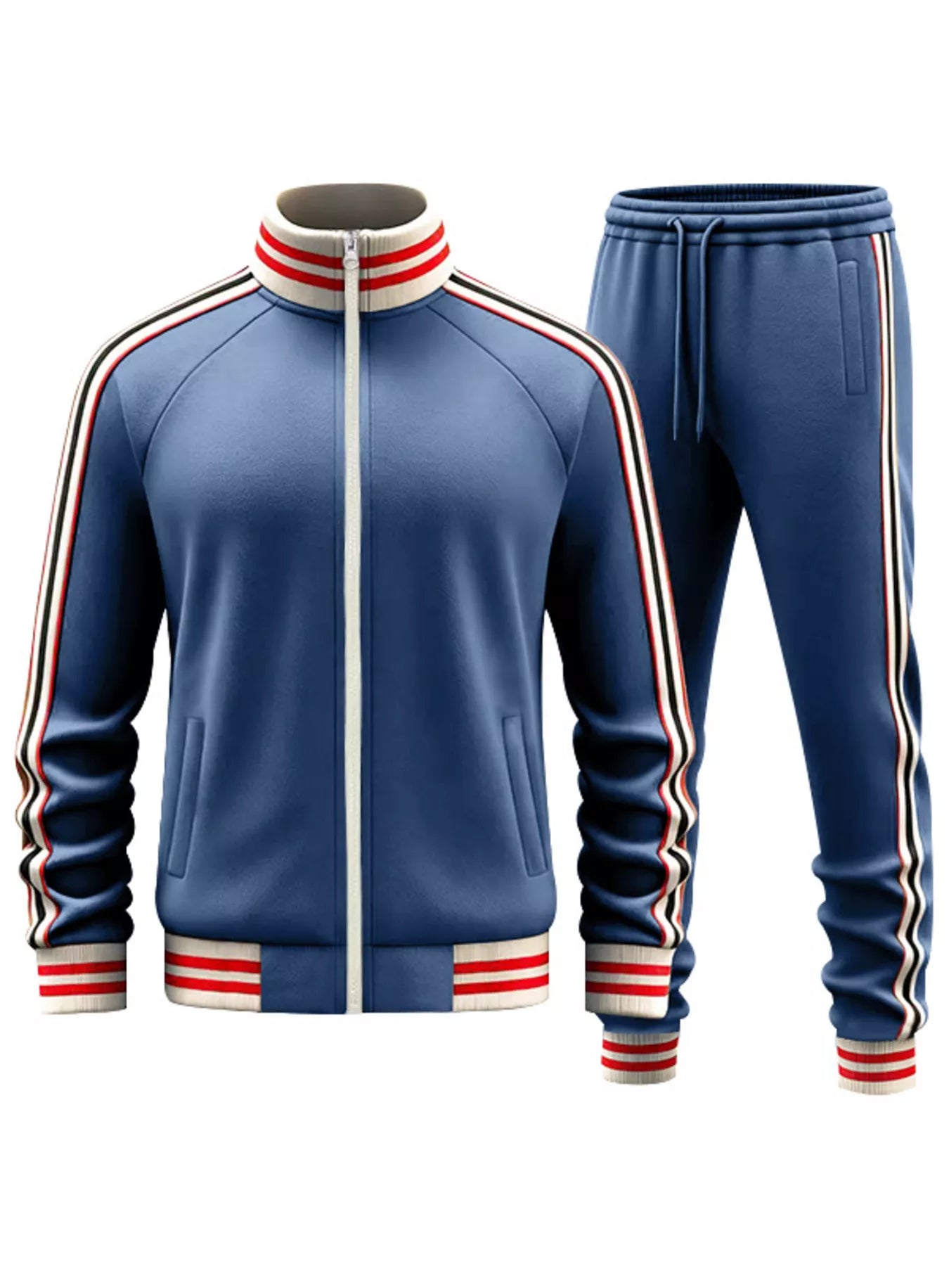 Plus size men's black striped zip-up outerwear and matching pants from Trendsi, casual full-body outfit.