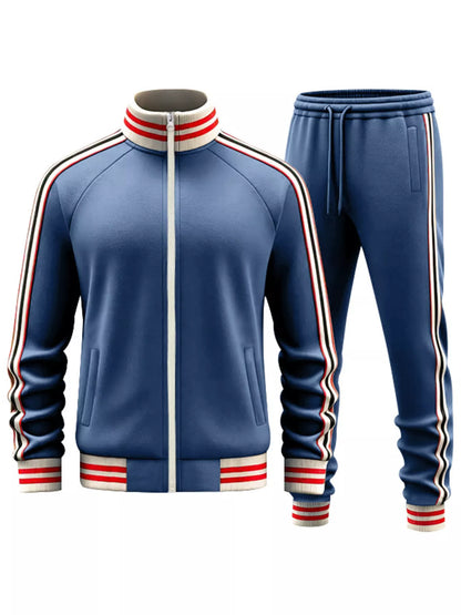 Plus size men's black striped zip-up outerwear and matching pants from Trendsi, casual full-body outfit.