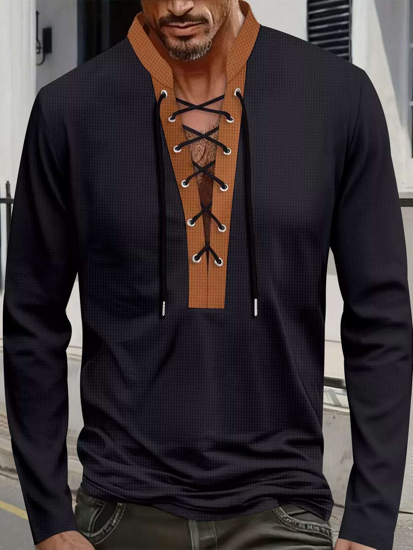Black men's vintage long sleeve lace-up T-shirt, full size, plus size, by Trendsi, shown with a relaxed fit and classic design.