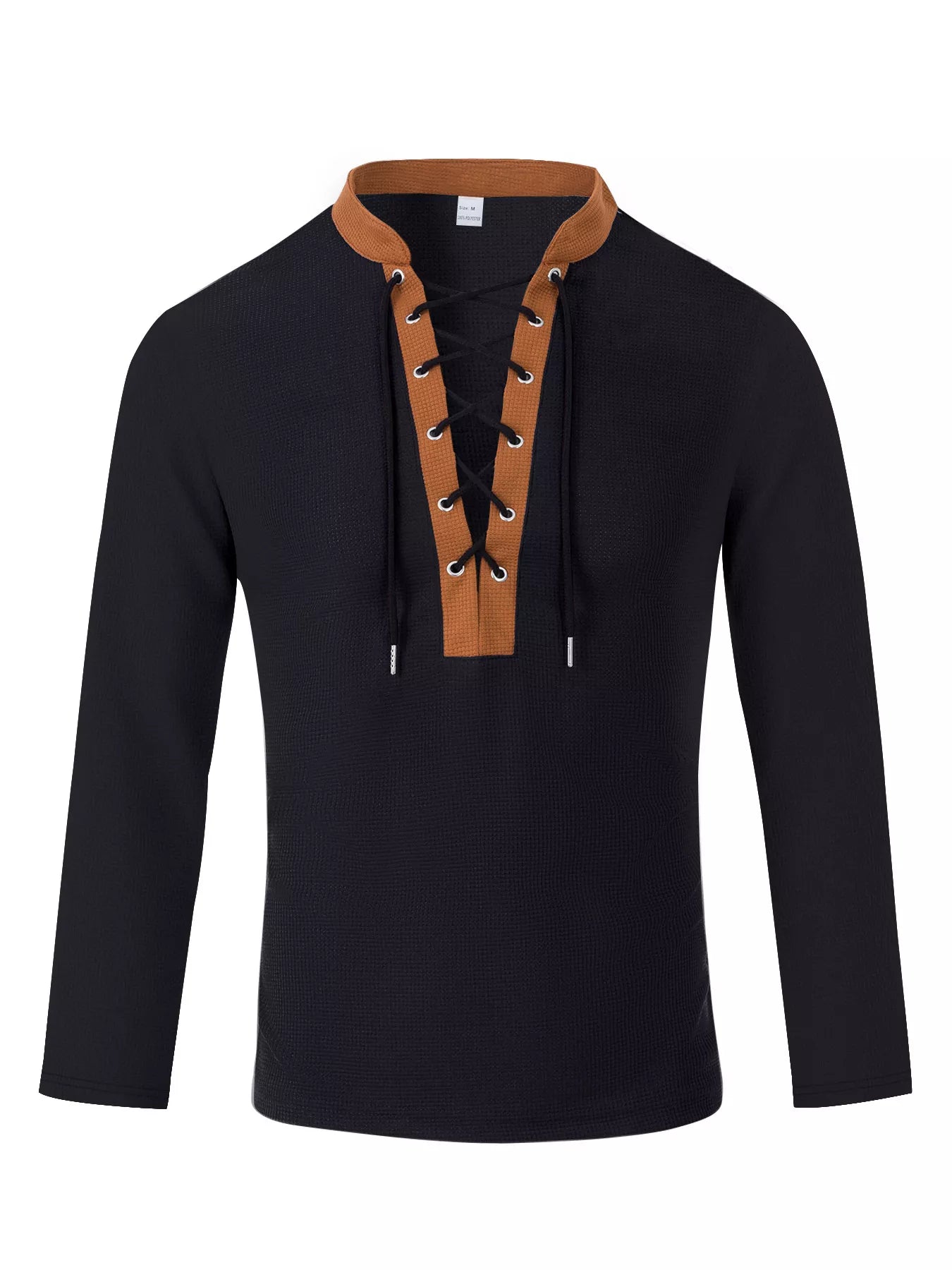 Men's vintage black long sleeve lace-up T-shirt, plus size, from Trendsi, featuring a classic fit and stylish design.