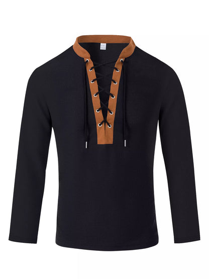 Men's vintage black long sleeve lace-up T-shirt, plus size, from Trendsi, featuring a classic fit and stylish design.