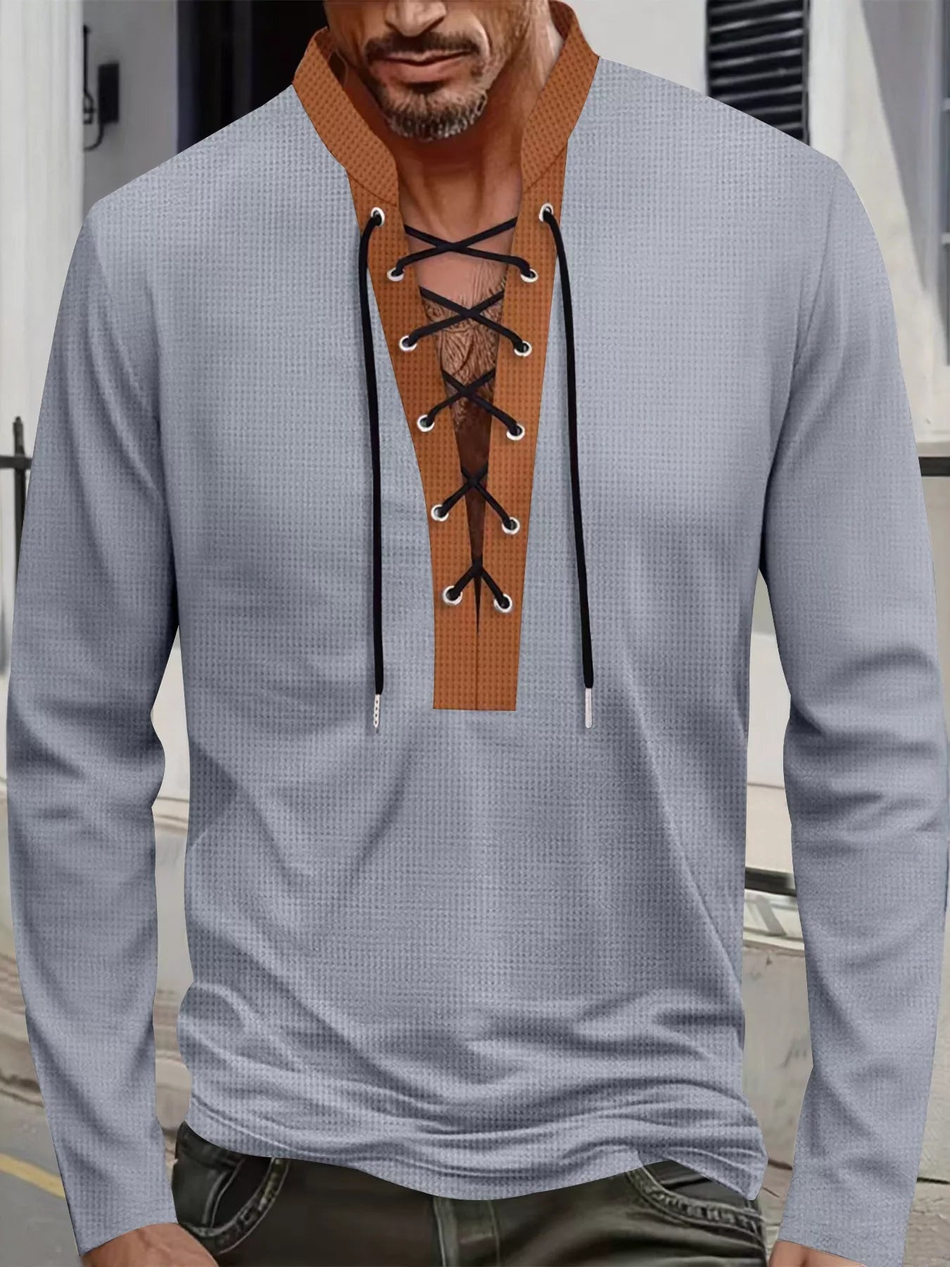 Men's full-size vintage lace-up long sleeve T-shirt in black, from Trendsi, featuring a classic design and plus size fit.