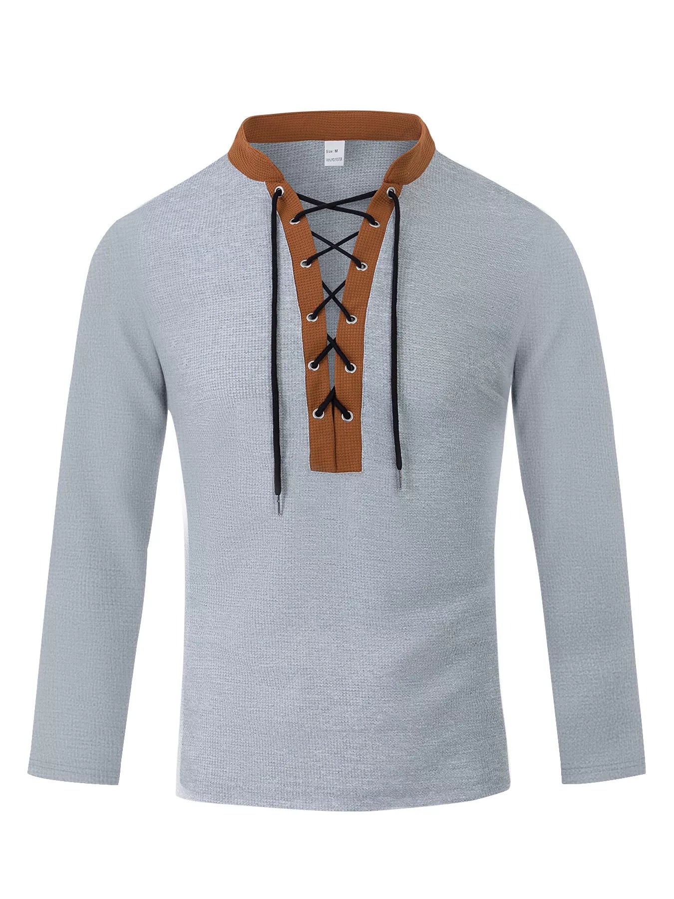 Men's full-size vintage lace-up long sleeve T-shirt by Trendsi, black color, plus size, featuring a classic lace-up design.