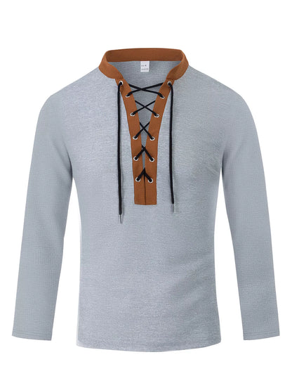 Men's full-size vintage lace-up long sleeve T-shirt by Trendsi, black color, plus size, featuring a classic lace-up design.