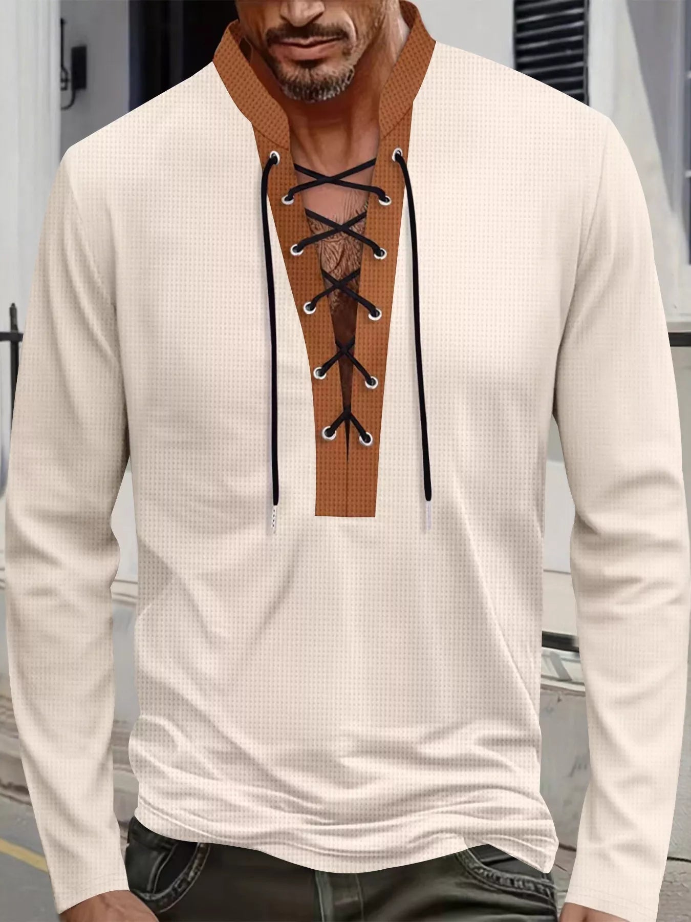 Men's full-size vintage lace-up long sleeve T-shirt by Trendsi, black, casual style, with a relaxed fit and long sleeves.