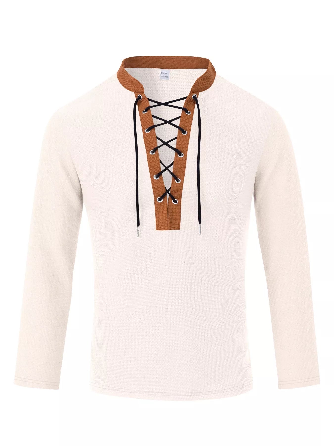 Men's full-size vintage black lace-up long sleeve T-shirt by Trendsi, showing front view with classic lace-up design and plus size fit.