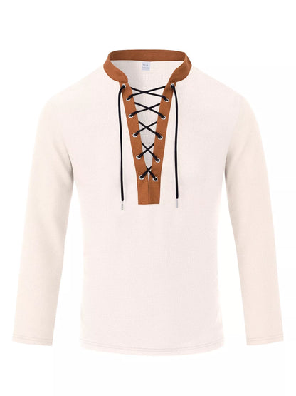 Men's full-size vintage black lace-up long sleeve T-shirt by Trendsi, showing front view with classic lace-up design and plus size fit.