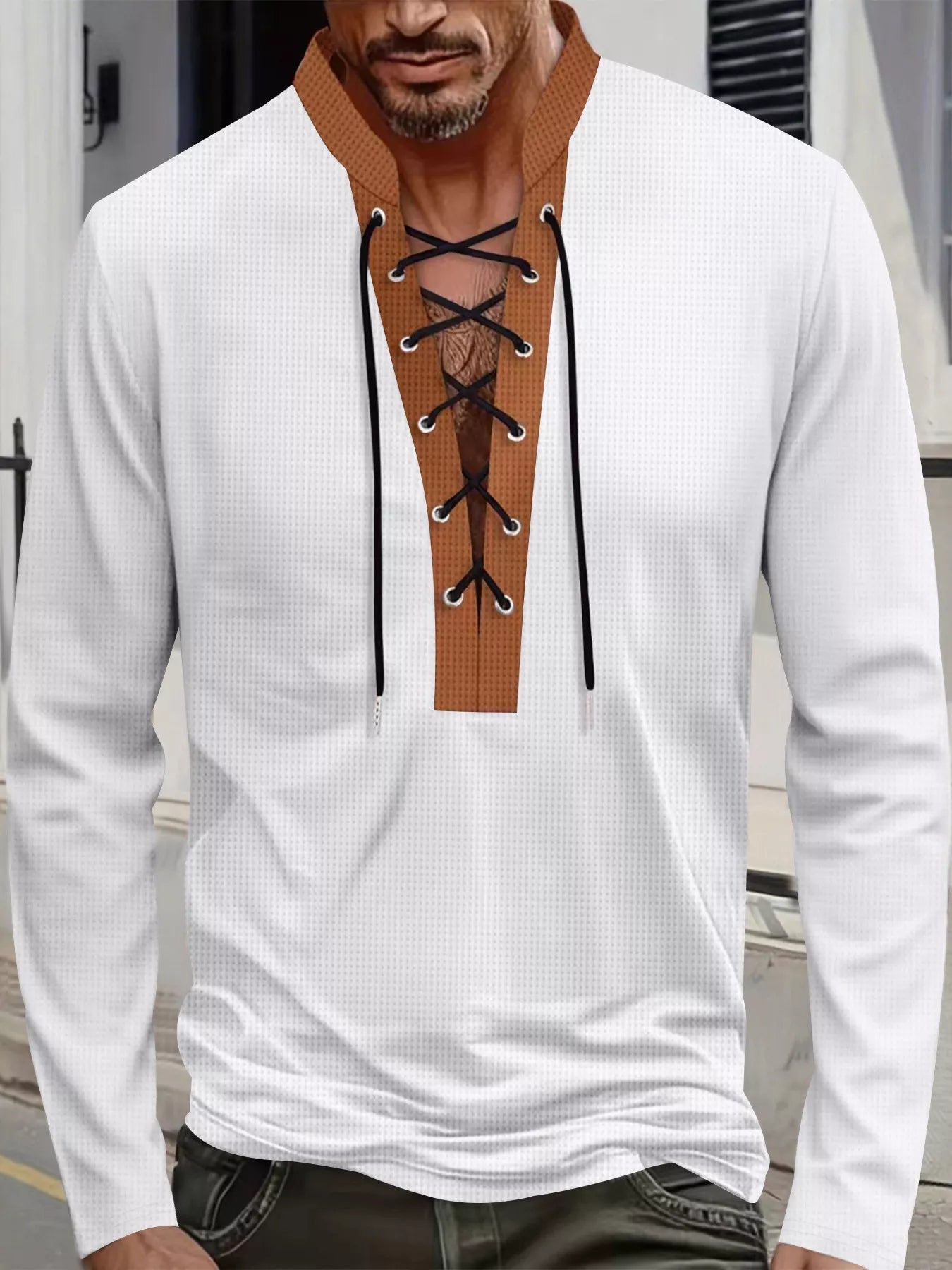 Men's plus size vintage lace-up long sleeve T-shirt in black, from Trendsi, featuring a classic design and full-size fit.