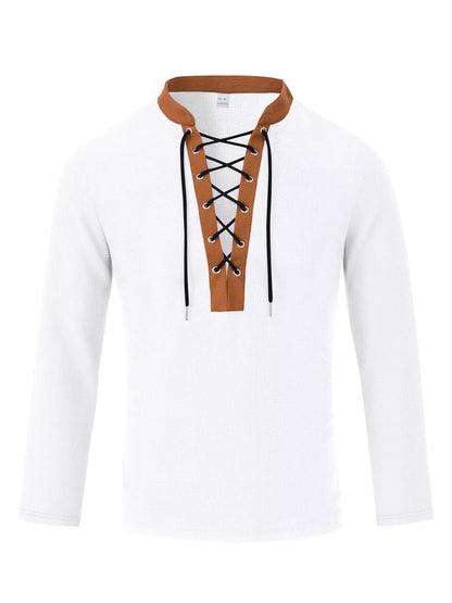 Black men's full-size vintage lace-up long sleeve T-shirt by Trendsi, featuring classic design and comfortable fit.