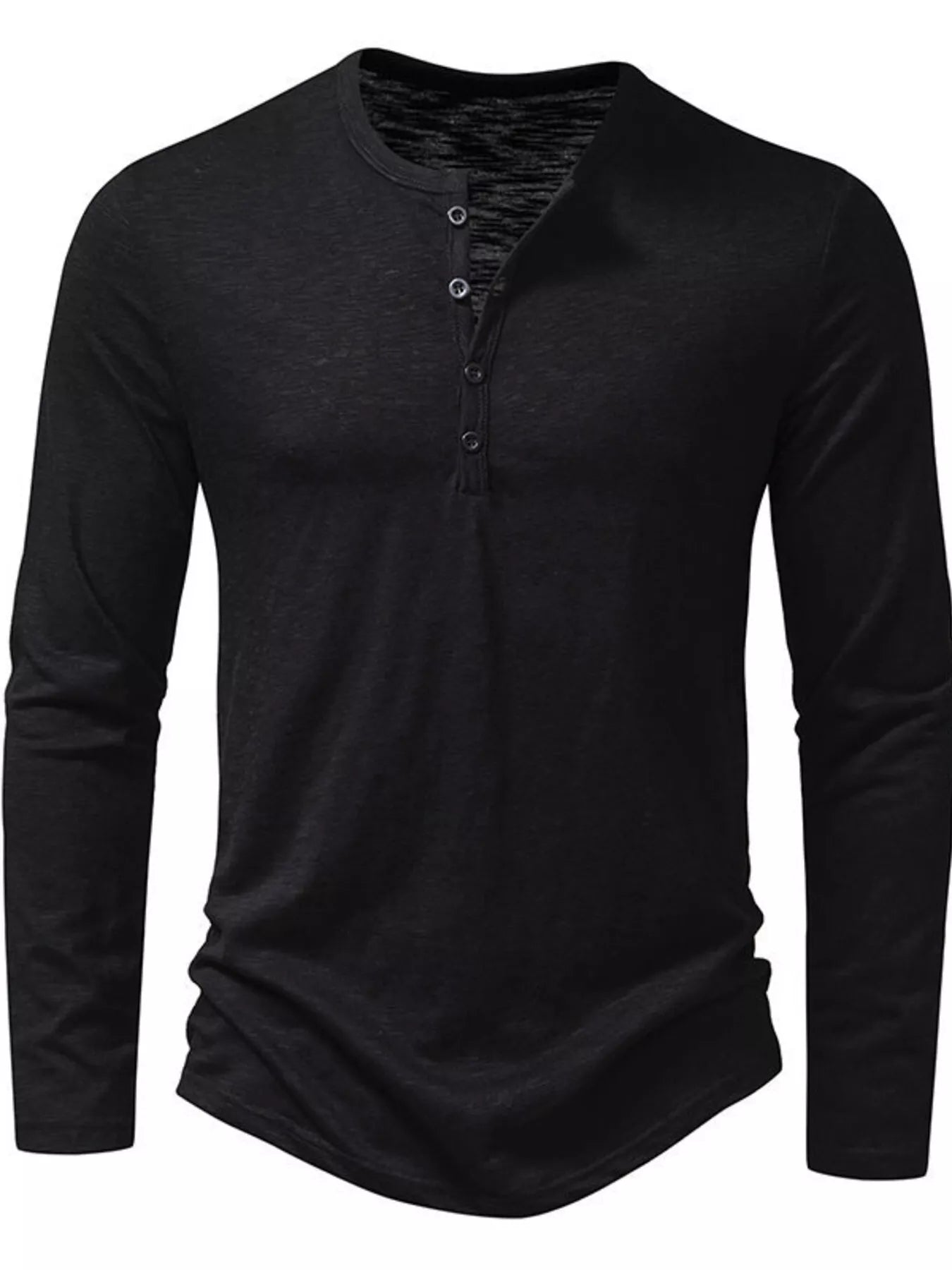Black men's long sleeve Henley T-shirt by Trendsi, featuring a buttoned placket and comfortable fit, shown on a model.