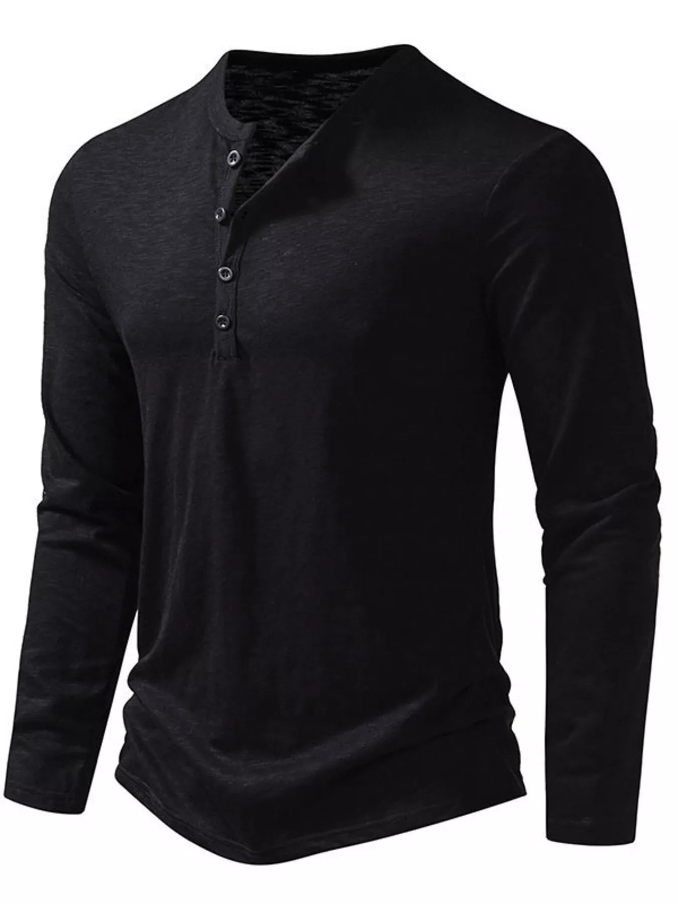 Black men's long sleeve Henley T-shirt by Trendsi, featuring a buttoned collar and comfortable fit.
