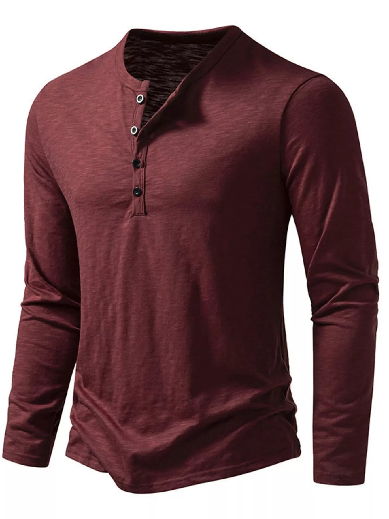 Black men's long sleeve Henley T-shirt from Trendsi, featuring a buttoned neckline and comfortable fit.